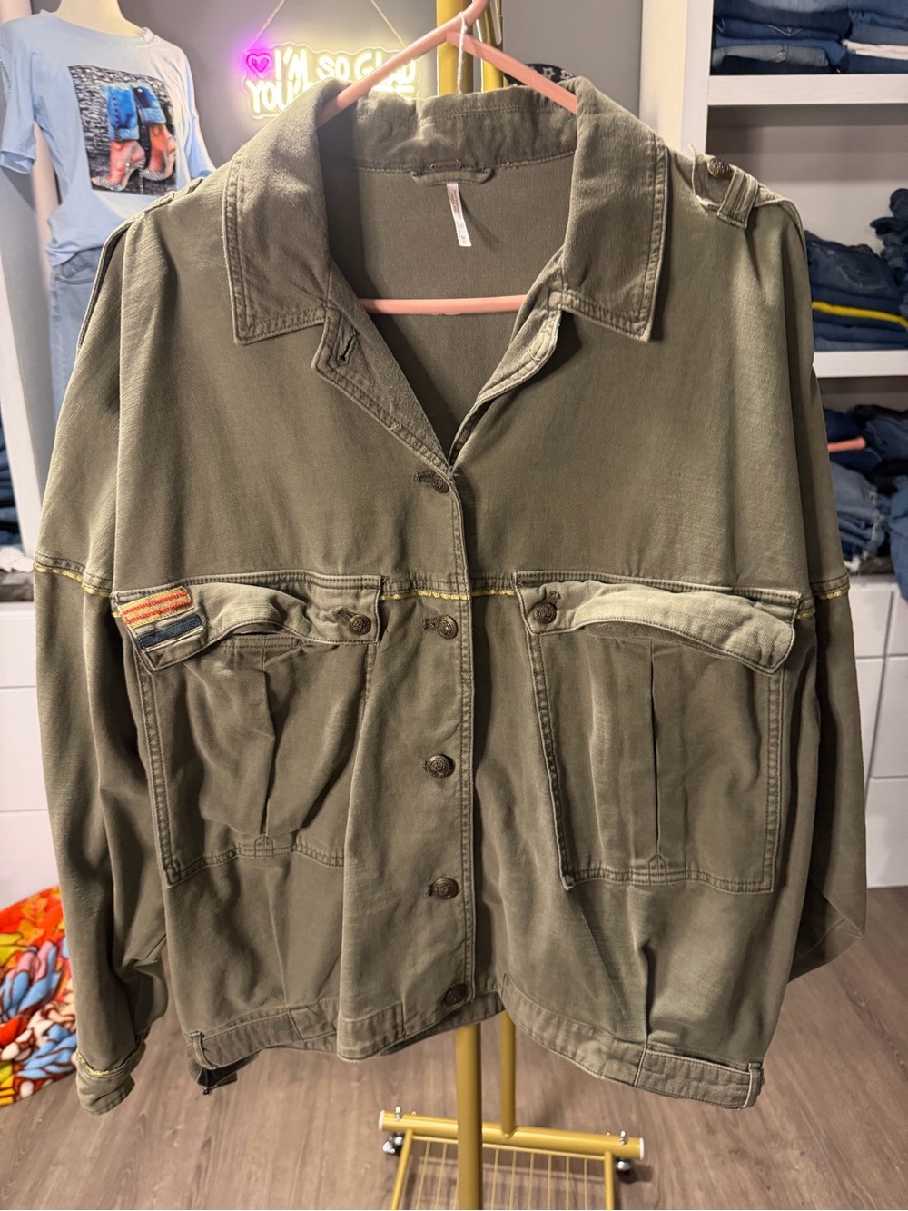 Free People Olive Green Utility Jacket with Oversized Pockets